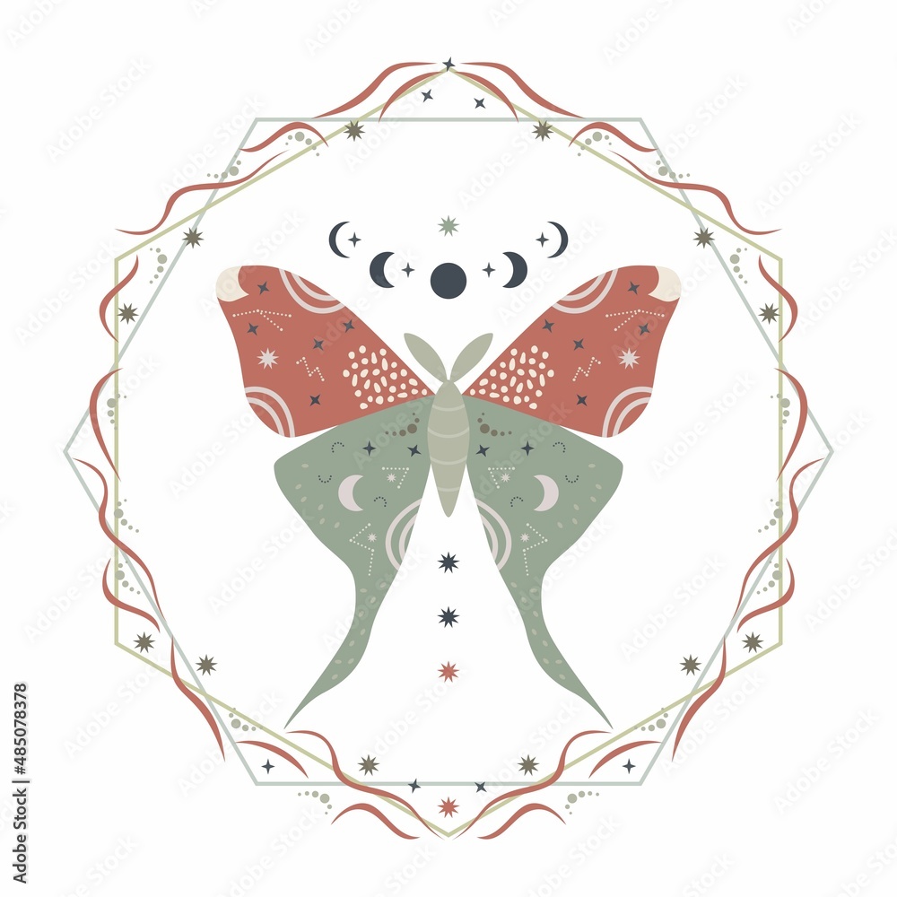 Boho moon moth with celestial ornament in floral frame. Magical luna butterfly. Mystic astrology. Vector drawing - obrazy, fototapety, plakaty 