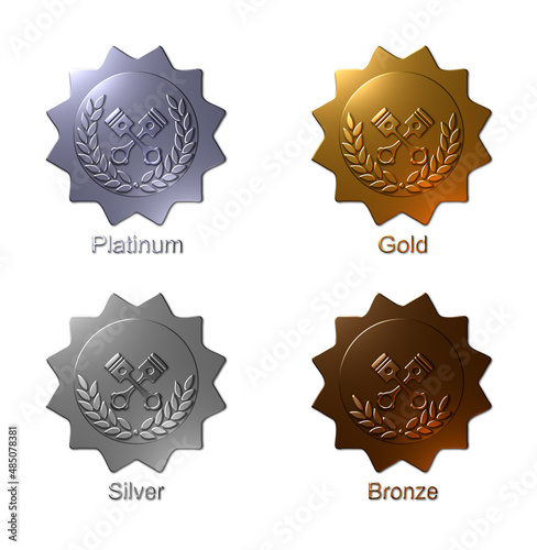 A set of four 3D rendered metallic motorsports medals with engine pistons and Laurels in platinum, gold, silver, and bronze.