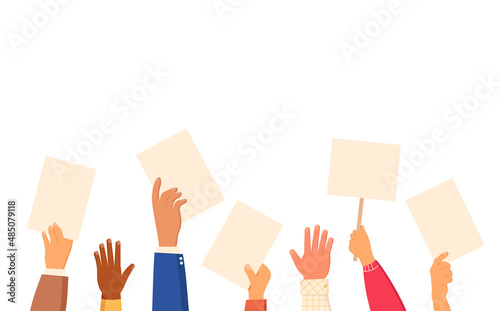 Voting concept. People's hands holding vote ballots. Vector flat illustration of raised up human diverse multiracial hands with sheets of paper. Voting crowd concept politic illustration on a white.