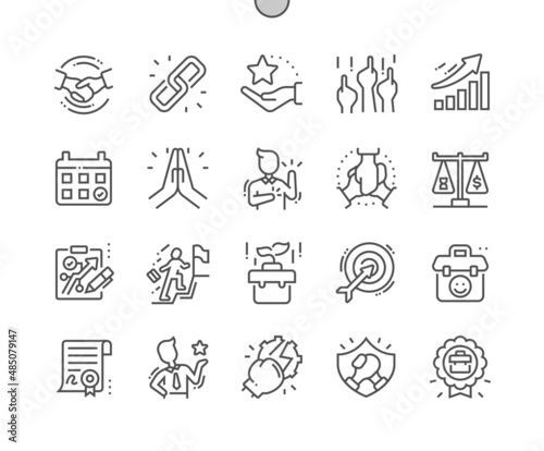 Core values. Mutual understanding. Important date. Professional development. Encouragement and bonuses. Pixel Perfect Vector Thin Line Icons. Simple Minimal Pictogram