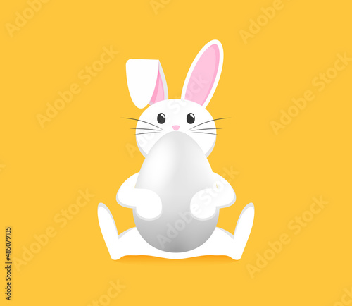 Cute hare is sitting with 3d realistic egg. Poster and banner template on yellow background. Congratulations and gifts for Easter.
