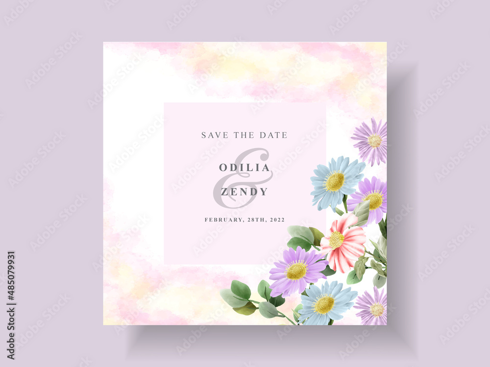 Wedding invitation card with beautiful flower and leaves watercolor