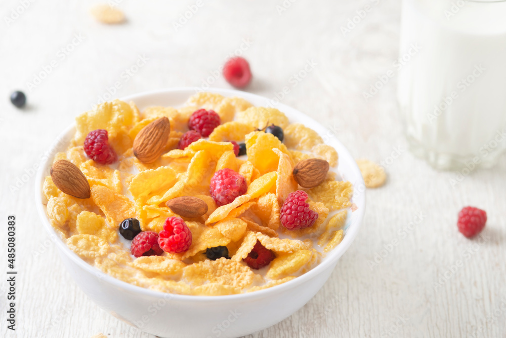 Healthy breakfast with cereal and blueberry and raspberry.Bowl with healthy cornflakes, milk and berries on white table.Tasty circle cornflakes.oatmeal with fruits. Diet concept. Healthy breakfast with cereal and blueberry and raspberry.Bowl with healthy cornflakes, milk and berries on white table.Tasty circle cornflakes.oatmeal with fruits. Diet concept.