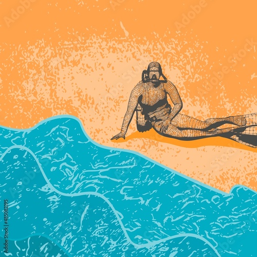 Monochrome silhouette of scuba diver who sits on the seashore. Mesh grid texture