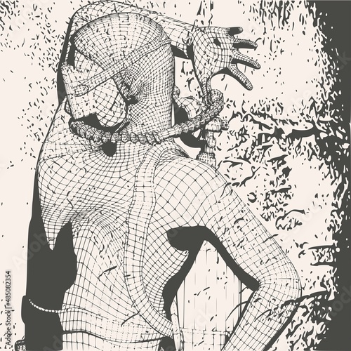 Monochrome silhouette of diver. Mesh grid texture