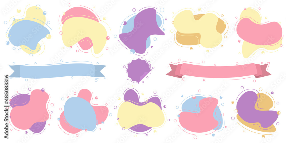 Set of abstract color spots, labels and sticker in trendy memphis style. Isolated on white background. Bright color palette. Set of abstract color spots, labels and sticker in trendy memphis style. Isolated on white background. Bright color palette.