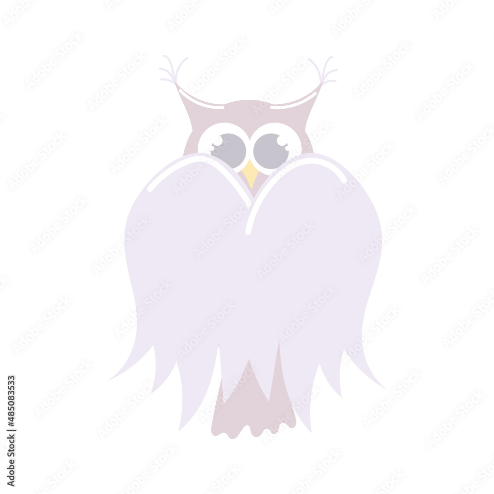 Cute owl hides in wings. Childish cartoon illustration isolated on white background. Neutral color palette.