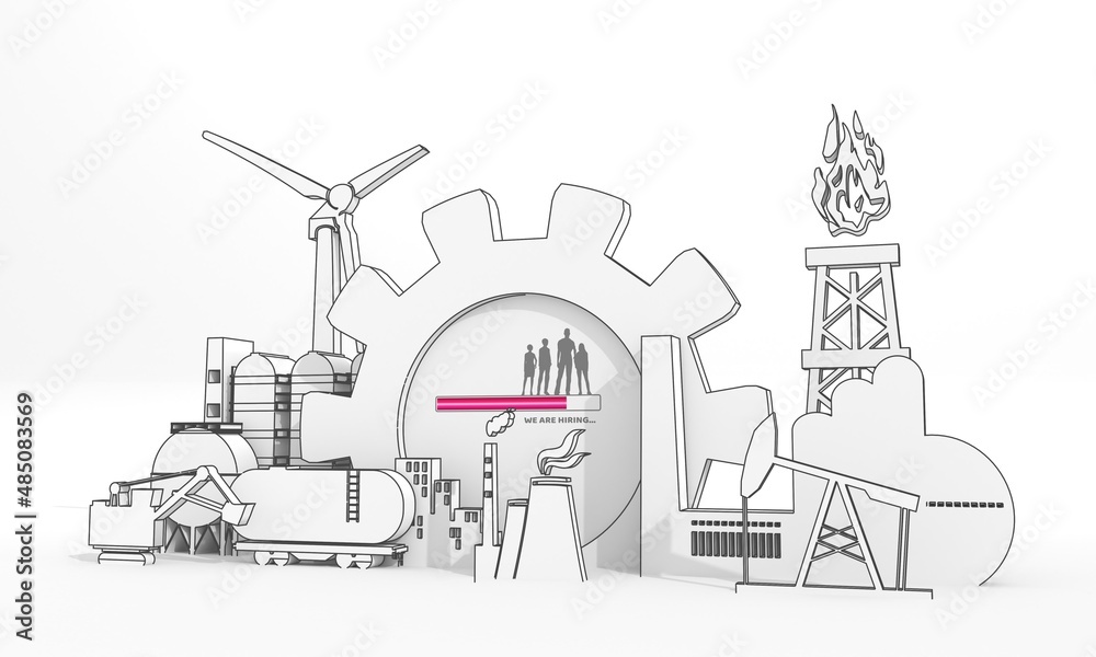 Energy and power industrial concept. Industrial icons and gear with human silhouettes and we are hiring text. 3D Render