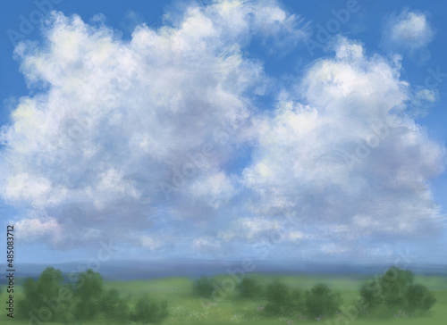 summer sky landscape with clouds and small bushes in the meadow