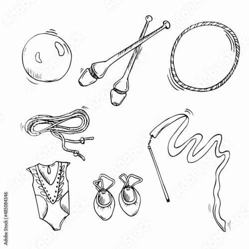 Vector doodle rhythmic gymnastics equipment set - sportwear, halfshoes, clubs, hoops, ribbon, ball. isolated vector