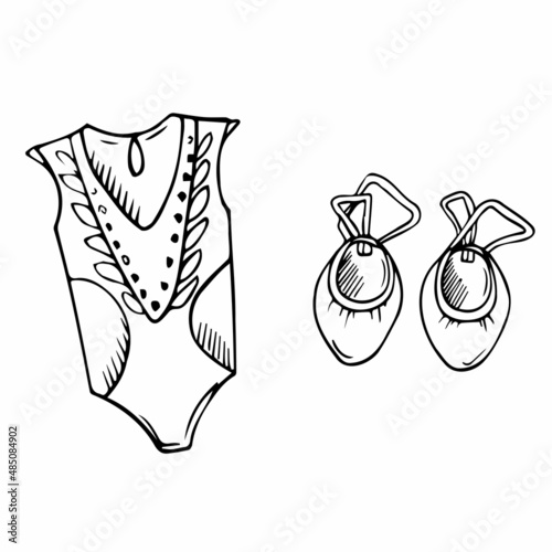 Vector doodle rhythmic gymnastics equipment set. Line art. sportwear and halfshoes illustrations