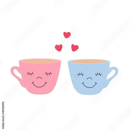 Cute simple smiling couple of cups with cooffe and hearts. Romantic vector illustration isolated on white. Suitable for cafe, coffee shop, logo, interior design photo