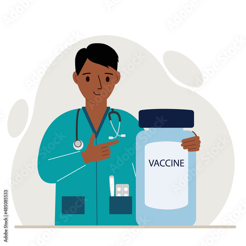 Smiling male doctor next to a jar of vaccine. Pandemic. Vector