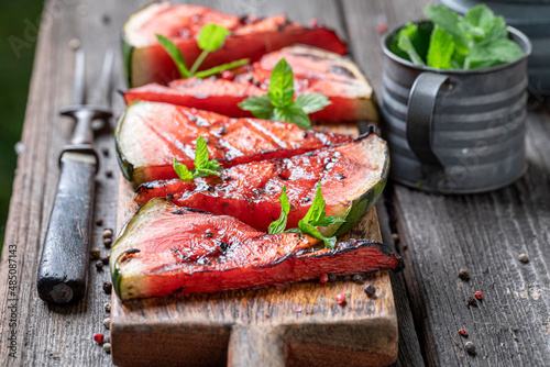 Sweet burned watermelon with red pepper and mint.