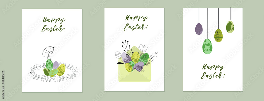 Set of Easter cards. Cute easter egg, nest, branch and leaves.  Vector flat cartoon illustration. Perfect for poster, print, card, invitation, greeting, tag.Eco simple decoration.