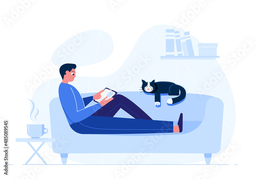 A man surfing the Internet on the sofa with cat. Freelancer lying on the couch with phone or tablet. Young man relaxing, working or studying at home. Vector illustration isolated on white