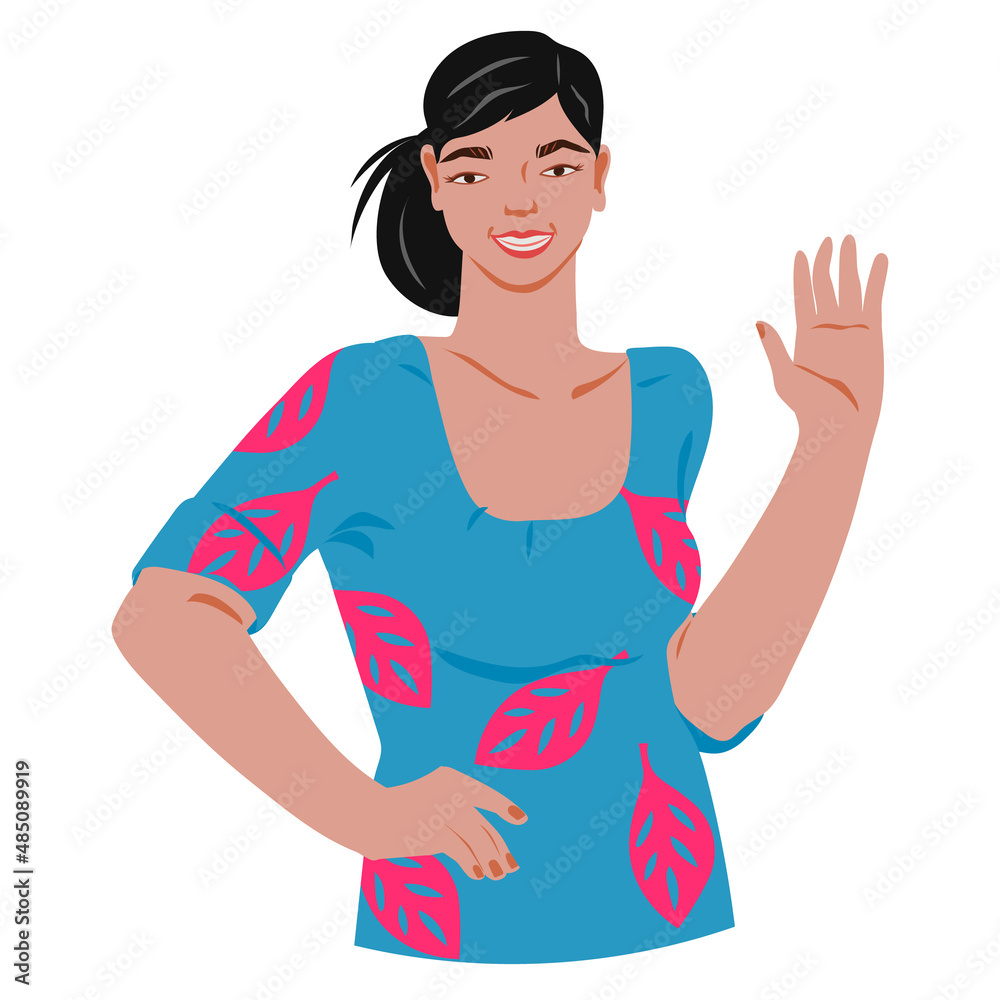 Asian woman or young girl portrait standing waving hand in greeting, flat vector illustration isolated on white background. Women day, ethnic multiracial diversity and feminism topic. Asian woman or young girl portrait standing waving hand in greeting, flat vector illustration isolated on white background. Women day, ethnic multiracial diversity and feminism topic.