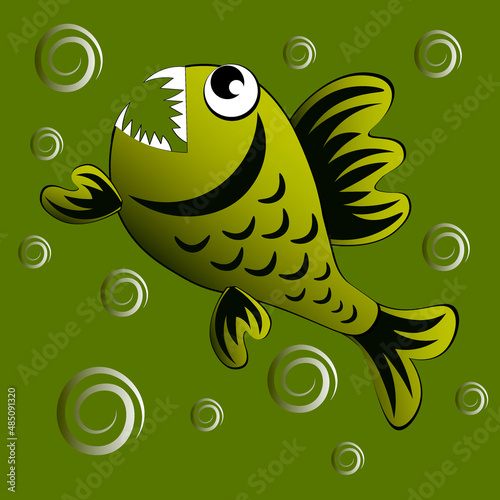 predatory evil piranha fish. Fabulous underwater world. Styling, cartoon style