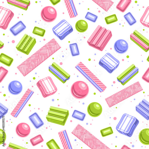 Vector Bubble Gum Seamless Pattern, square repeating bubblegum background for kids textile, poster with cut out illustrations of many flat lay bubble gums and different candies on white background