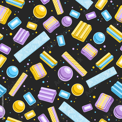 Vector Bubble Gum Seamless Pattern, square repeating bubblegum background for kids textile, poster with cut out illustrations of group flat lay bubble gums and assorted candies on dark background