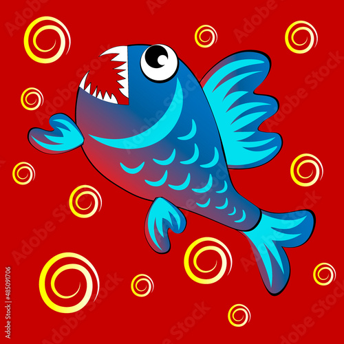 predatory evil piranha fish. Fabulous underwater world. Styling, cartoon style