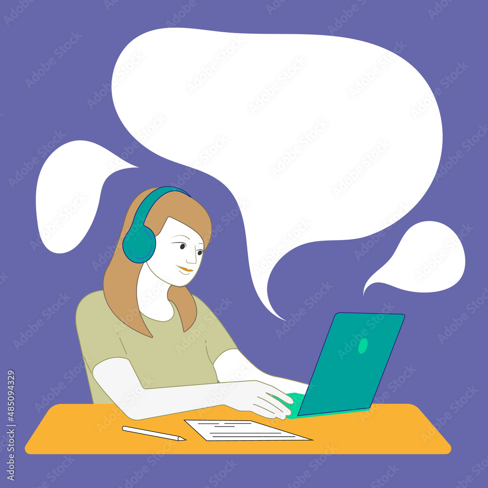 woman is sitting with laptop and headphones. vector flat illustration woman is sitting with laptop and headphones. vector flat illustration