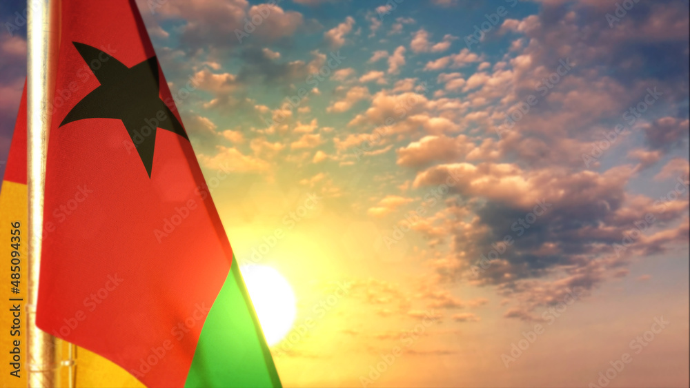 Guinea flag is hanging on sundown sky for national celebration - defocused - object 3D illustration - obrazy, fototapety, plakaty 