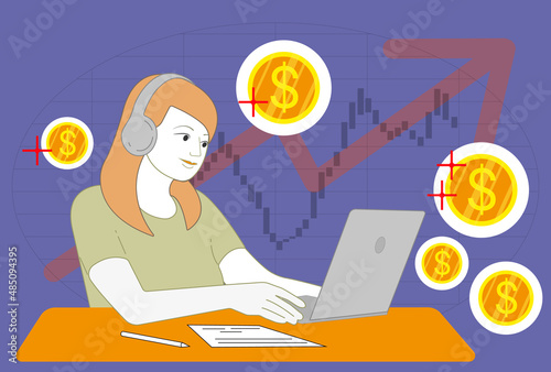 woman working on laptop - investing money (dollar coin). Vector illustration. 