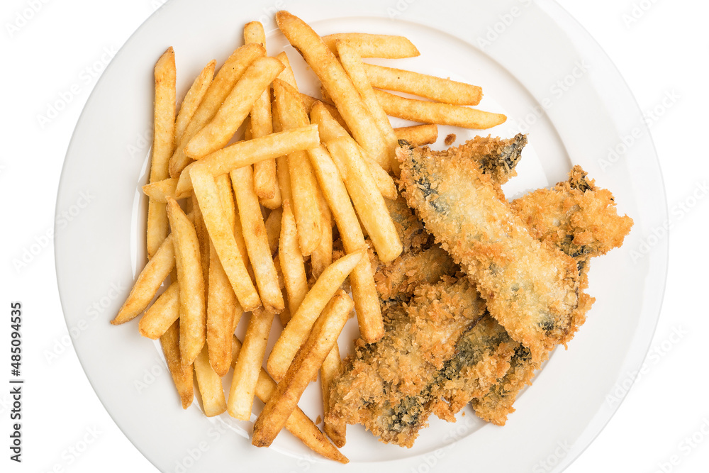 Fried fish and chips isolated on white background Fried fish and chips isolated on white background
