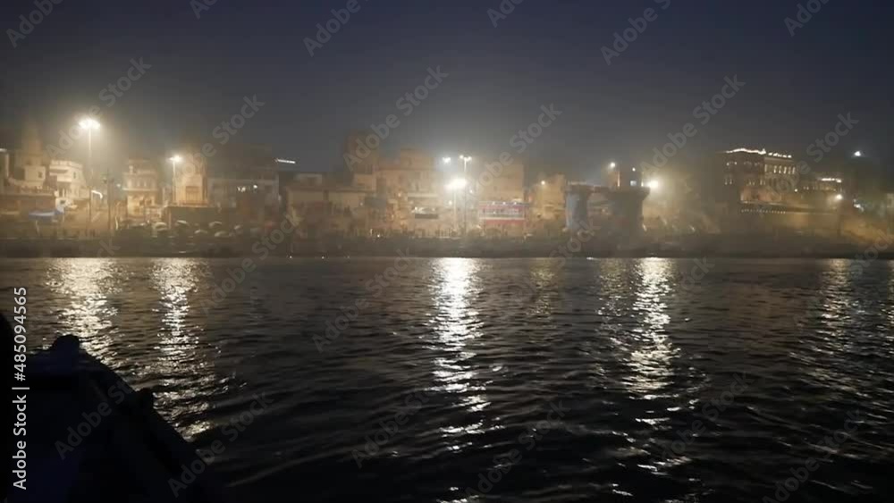 Night view of Varanasi from the Gange river, India. January of 2020