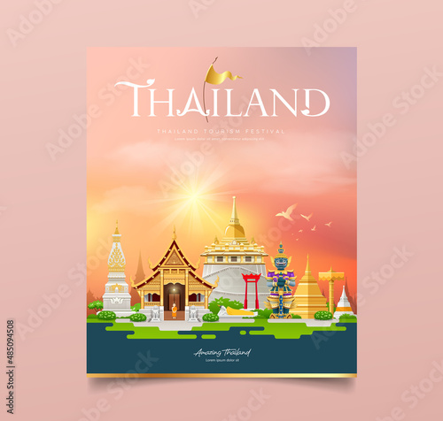 Cover book, Thailand architecture tourism festival design on cloud and sky sunset orange background, eps 10 vector illustration

