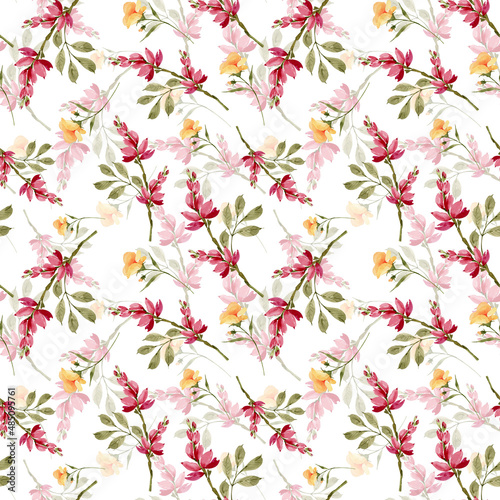 Seamless floral pattern with pink and yellow flowers on a white background, hand painted in watercolor. 