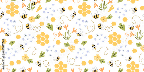 Bee honey pattern Bee seamless pattern Cute hand drawn summer meadow flowers, bee honeycombe background Hand drawn honey templates. Kids fabric design. Summer illustration. Floral sweet bee print. photo
