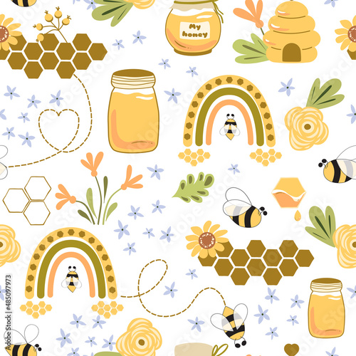 Bee honey pattern. Beehive, honey rainbow, floral seamless pattern. Honeybee print. Organic honey graphic design template. Honey pot vector illustration. Summer sweet yellow background, wallpaper.