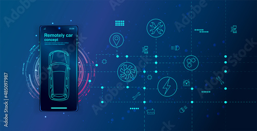 A smart car. Hardware diagnostics of the vehicle condition. The smartphone monitors the safety of the car wirelessly and informs the owner about the level of protection of the car. Vector illustration
