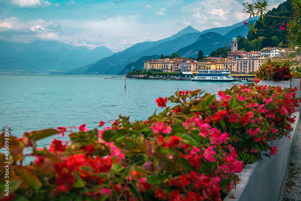 Amazing flowery shoreline of lake Como near Bellagio, Lombardy, Italy