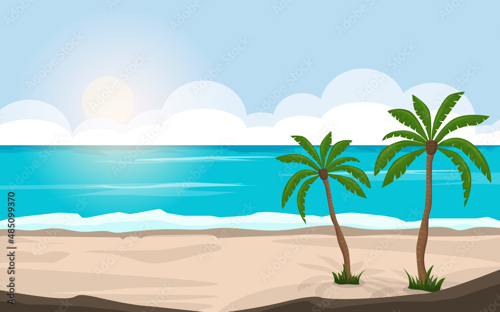 The tropical landscape of coast beautiful seashore beach on good sunny day flat vector illustration background