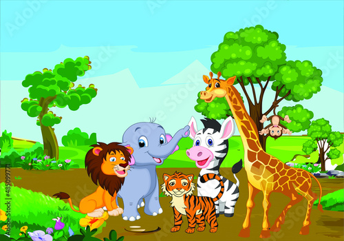 Fototapeta Naklejka Na Ścianę i Meble -  Cartoon wild animals in the jungle, Wild animals in the jungle illustration