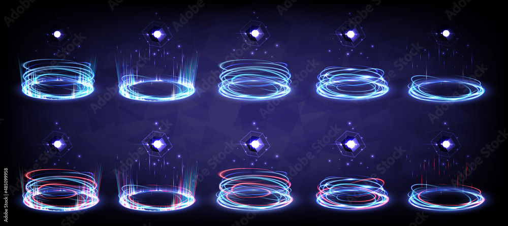 Sci-fi high-technology stage collection in glowing HUD. Hologram portal swirl light of science futuristic. Magic warp gate in game fantasy. Circle teleport podium. GUI, UI virtual reality users - obrazy, fototapety, plakaty 