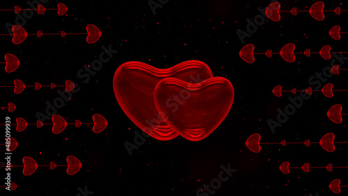 Romantic 3d background with red hearts and shiny particles