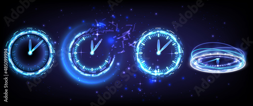 Time machine, fade, timer and deadline. Sci-fi hi-tech collection in glowing HUD elements clock. Hologram portal of science futuristic technology. Magic warp gate in game fantasy. Teleport podium