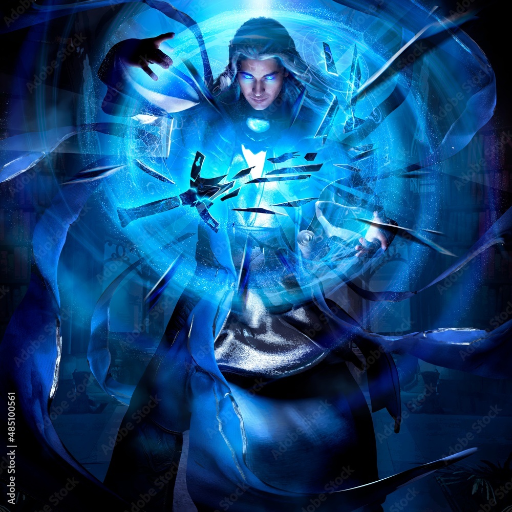 Fototapeta premium A handsome, long-haired young wizard with sky-blue glowing eyes in a long robe splits the sword into many sharp fragments with blue spiral magic, creating streams of energy with his hands 3d rendering