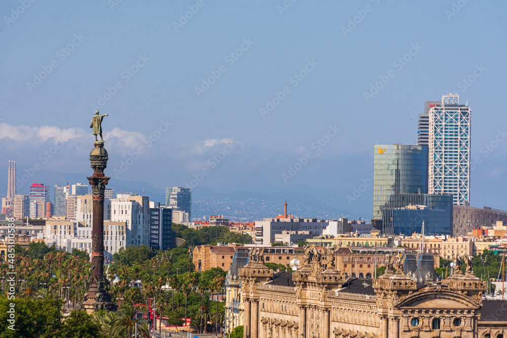 Columbus monument and Barcelona skyline during summer season, Barcelona, Catalonia, Spain
