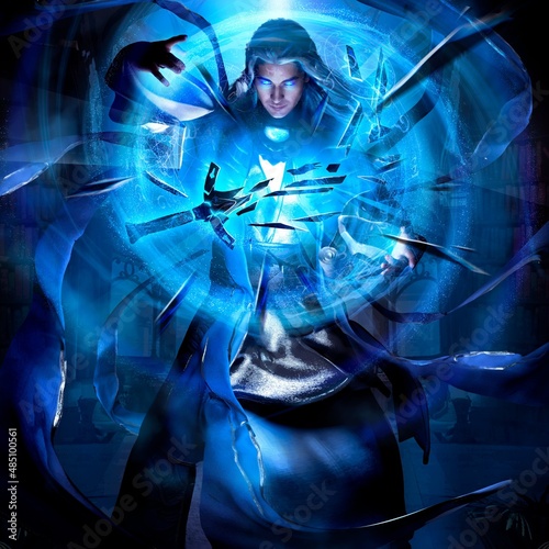 A handsome, long-haired young wizard with sky-blue glowing eyes in a long robe splits the sword into many sharp fragments with blue spiral magic, creating streams of energy with his hands 3d rendering