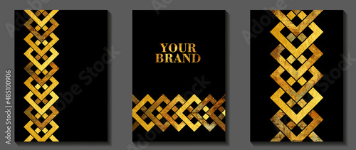Gold vintage art vector set with celtic knot pattern. Grunge luxury cover design. Gold vector texture on black background. Hand drawn illustration for cover, flyer, brochure.