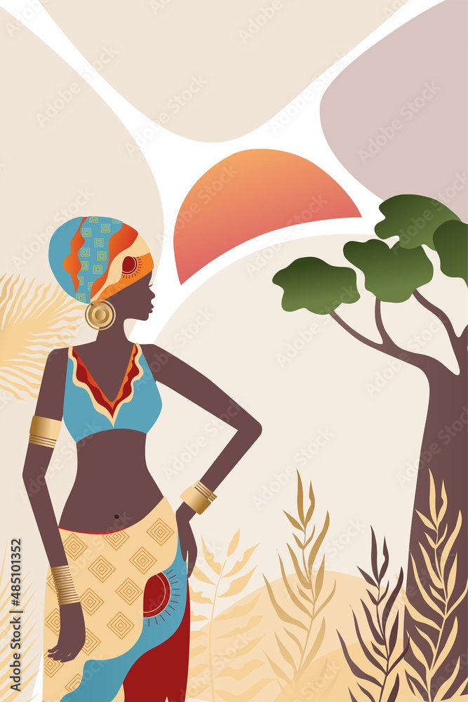 Vector, poster, luxurious African woman in traditional dress. Collection of contemporary art.