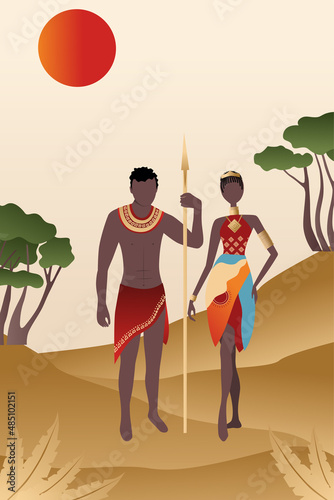 Vector, poster, african luxurious man with a spear and a woman. Collection of contemporary art. Abstract posters in minimalistic style.