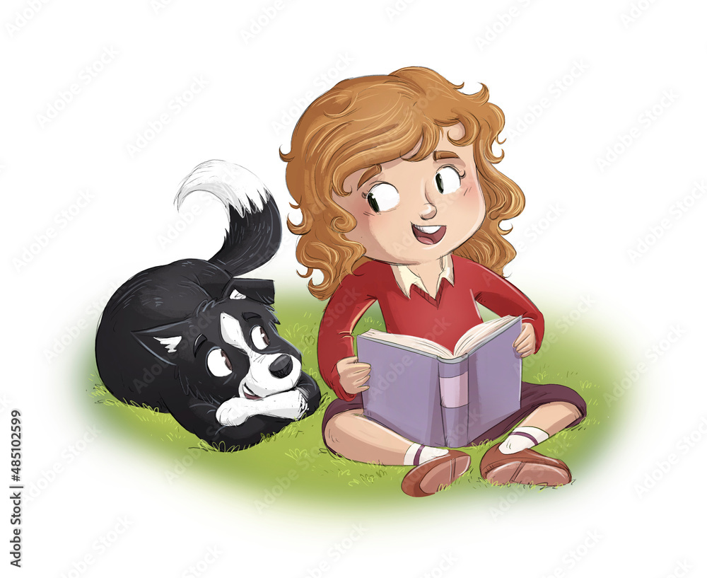Illustration of a little girl reading a book with her dog in the grass ...