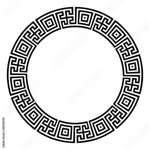 Double meander pattern, made of squares and crosses, a circle frame and decorative round border, made with lines, shaped into a repeated motif. Classical style, also known as Greek key or Greek fret.