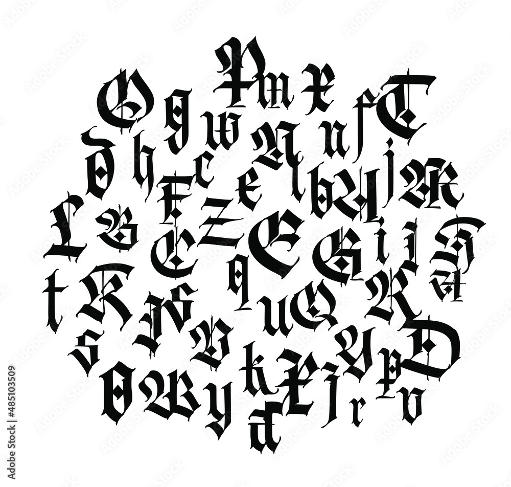 Pattern, ornament in the Gothic style. Vector. Alphabet. Symbols are black on a white background. Calligraphy and lettering. Medieval Latin letters. Logo for the company. Set. Elegant font for tattoo. Pattern, ornament in the Gothic style. Vector. Alphabet. Symbols are black on a white background. Calligraphy and lettering. Medieval Latin letters. Logo for the company. Set. Elegant font for tattoo.